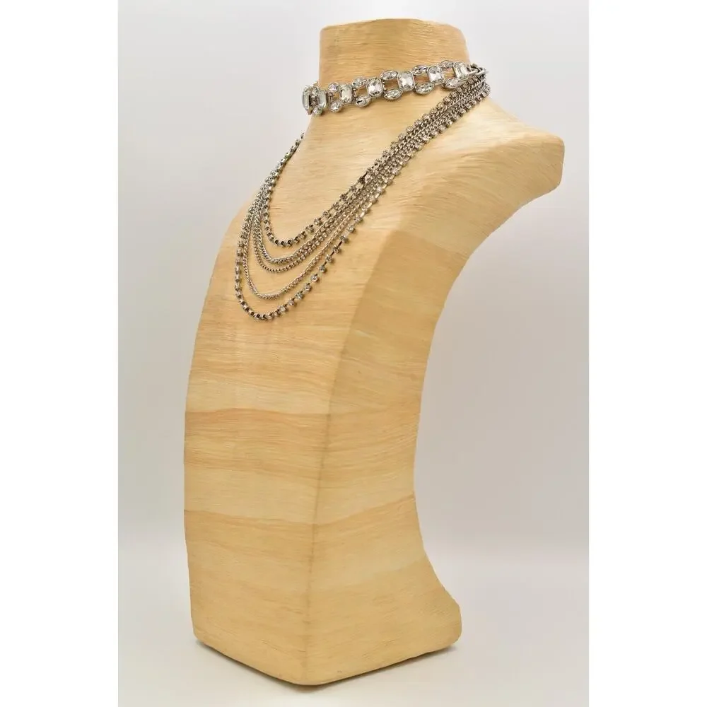 Vintage Choker Layered Necklace Rhinestone Crystal Silver Multi-Chain Y2K BinBJ